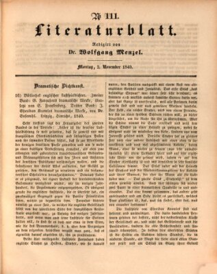 Morgenblatt für gebildete Leser. Literaturblatt (Morgenblatt für gebildete Stände) Montag 2. November 1840