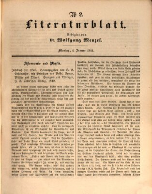 Morgenblatt für gebildete Leser. Literaturblatt (Morgenblatt für gebildete Stände) Montag 4. Januar 1841