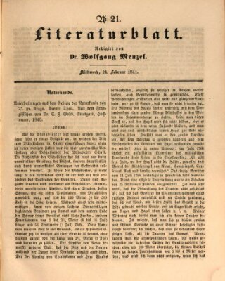 Morgenblatt für gebildete Leser. Literaturblatt (Morgenblatt für gebildete Stände) Mittwoch 24. Februar 1841