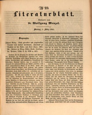 Morgenblatt für gebildete Leser. Literaturblatt (Morgenblatt für gebildete Stände) Montag 1. März 1841