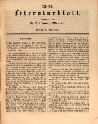 Morgenblatt für gebildete Leser. Literaturblatt (Morgenblatt für gebildete Stände) Montag 12. April 1841