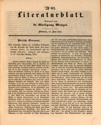 Morgenblatt für gebildete Leser. Literaturblatt (Morgenblatt für gebildete Stände) Mittwoch 16. Juni 1841