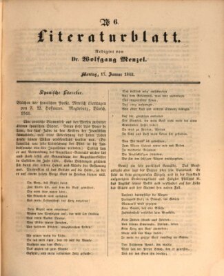 Morgenblatt für gebildete Leser. Literaturblatt (Morgenblatt für gebildete Stände) Montag 17. Januar 1842