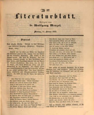 Morgenblatt für gebildete Leser. Literaturblatt (Morgenblatt für gebildete Stände) Montag 14. Februar 1842