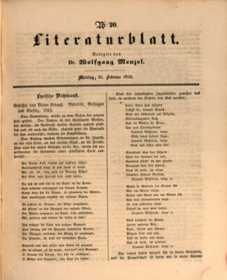 Morgenblatt für gebildete Leser. Literaturblatt (Morgenblatt für gebildete Stände) Montag 21. Februar 1842