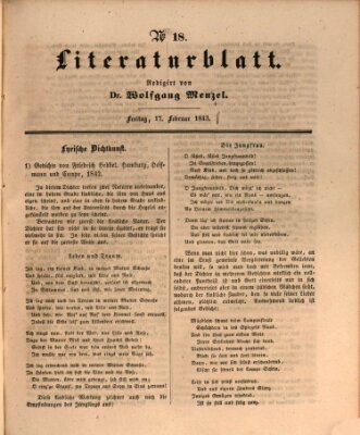 Morgenblatt für gebildete Leser. Literaturblatt (Morgenblatt für gebildete Stände) Freitag 17. Februar 1843