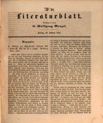 Morgenblatt für gebildete Leser. Literaturblatt (Morgenblatt für gebildete Stände) Freitag 24. Februar 1843