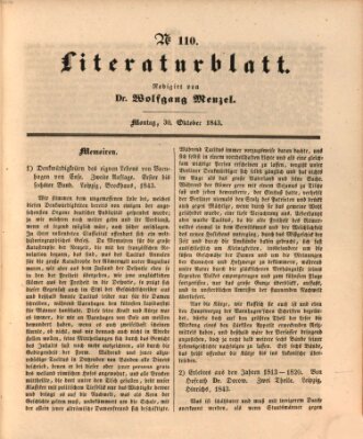 Morgenblatt für gebildete Leser. Literaturblatt (Morgenblatt für gebildete Stände) Montag 30. Oktober 1843