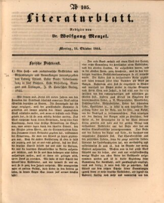 Morgenblatt für gebildete Leser. Literaturblatt (Morgenblatt für gebildete Stände) Montag 14. Oktober 1844