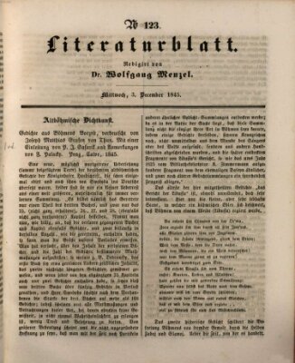 Morgenblatt für gebildete Leser. Literaturblatt (Morgenblatt für gebildete Stände) Mittwoch 3. Dezember 1845