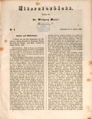 Morgenblatt für gebildete Leser. Literaturblatt (Morgenblatt für gebildete Stände) Samstag 3. Januar 1846