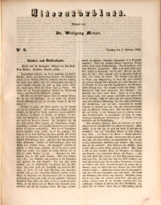 Morgenblatt für gebildete Leser. Literaturblatt (Morgenblatt für gebildete Stände) Dienstag 3. Februar 1846