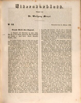 Morgenblatt für gebildete Leser. Literaturblatt (Morgenblatt für gebildete Stände) Samstag 21. Februar 1846