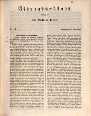 Morgenblatt für gebildete Leser. Literaturblatt (Morgenblatt für gebildete Stände) Samstag 7. März 1846