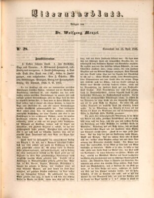 Morgenblatt für gebildete Leser. Literaturblatt (Morgenblatt für gebildete Stände) Samstag 18. April 1846