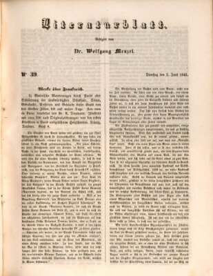 Morgenblatt für gebildete Leser. Literaturblatt (Morgenblatt für gebildete Stände) Dienstag 2. Juni 1846