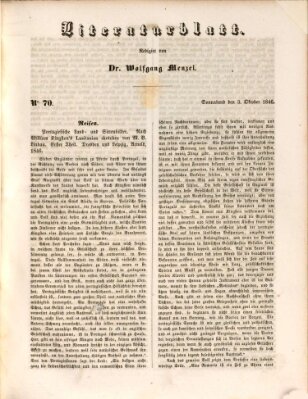 Morgenblatt für gebildete Leser. Literaturblatt (Morgenblatt für gebildete Stände) Samstag 3. Oktober 1846