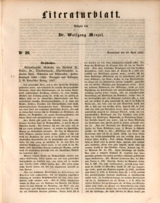 Morgenblatt für gebildete Leser. Literaturblatt (Morgenblatt für gebildete Stände) Samstag 10. April 1847