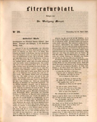 Morgenblatt für gebildete Leser. Literaturblatt (Morgenblatt für gebildete Stände) Donnerstag 22. April 1847