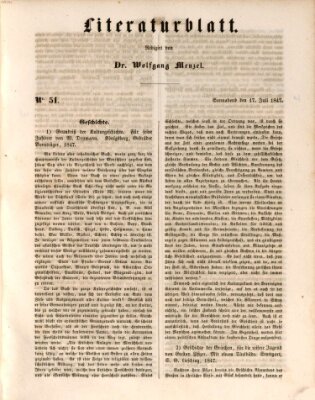 Morgenblatt für gebildete Leser. Literaturblatt (Morgenblatt für gebildete Stände) Samstag 17. Juli 1847