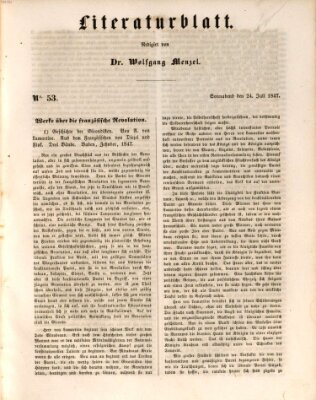 Morgenblatt für gebildete Leser. Literaturblatt (Morgenblatt für gebildete Stände) Samstag 24. Juli 1847