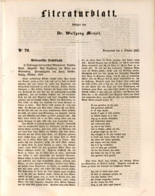 Morgenblatt für gebildete Leser. Literaturblatt (Morgenblatt für gebildete Stände) Samstag 2. Oktober 1847