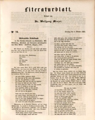 Morgenblatt für gebildete Leser. Literaturblatt (Morgenblatt für gebildete Stände) Dienstag 5. Oktober 1847