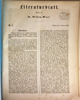 Morgenblatt für gebildete Leser. Literaturblatt (Morgenblatt für gebildete Stände) Dienstag 4. Januar 1848