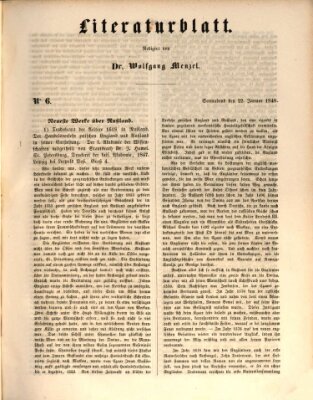 Morgenblatt für gebildete Leser. Literaturblatt (Morgenblatt für gebildete Stände) Samstag 22. Januar 1848