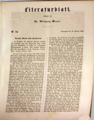 Morgenblatt für gebildete Leser. Literaturblatt (Morgenblatt für gebildete Stände) Samstag 19. Februar 1848