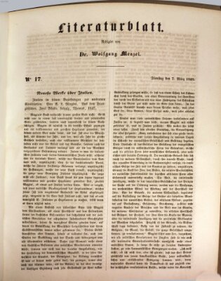 Morgenblatt für gebildete Leser. Literaturblatt (Morgenblatt für gebildete Stände) Dienstag 7. März 1848