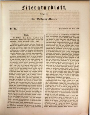 Morgenblatt für gebildete Leser. Literaturblatt (Morgenblatt für gebildete Stände) Samstag 15. April 1848