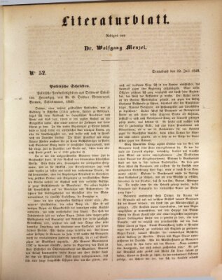 Morgenblatt für gebildete Leser. Literaturblatt (Morgenblatt für gebildete Stände) Samstag 22. Juli 1848