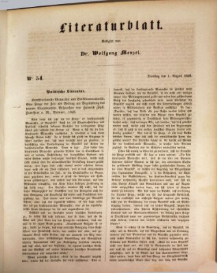 Morgenblatt für gebildete Leser. Literaturblatt (Morgenblatt für gebildete Stände) Dienstag 1. August 1848