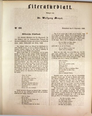 Morgenblatt für gebildete Leser. Literaturblatt (Morgenblatt für gebildete Stände) Samstag 9. September 1848