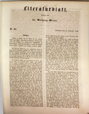 Morgenblatt für gebildete Leser. Literaturblatt (Morgenblatt für gebildete Stände) Samstag 23. September 1848