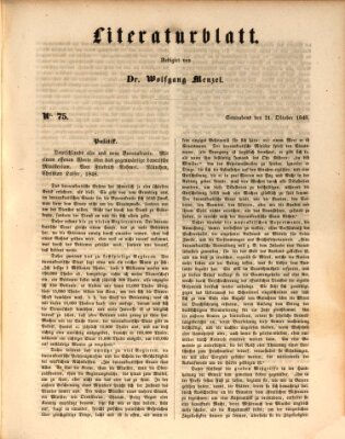 Morgenblatt für gebildete Leser. Literaturblatt (Morgenblatt für gebildete Stände) Samstag 21. Oktober 1848