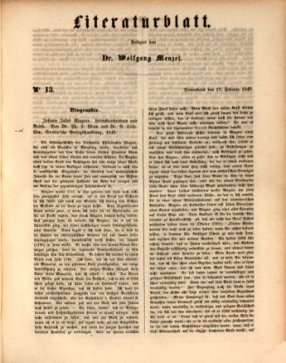 Morgenblatt für gebildete Leser. Literaturblatt (Morgenblatt für gebildete Stände) Samstag 17. Februar 1849