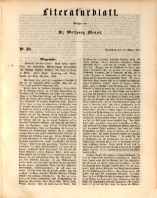 Morgenblatt für gebildete Leser. Literaturblatt (Morgenblatt für gebildete Stände) Samstag 17. März 1849