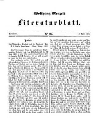 Literaturblatt (Morgenblatt für gebildete Stände) Samstag 10. April 1852