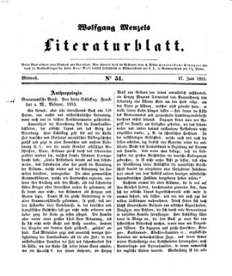 Literaturblatt (Morgenblatt für gebildete Stände) Mittwoch 27. Juni 1855