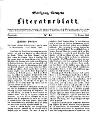 Literaturblatt (Morgenblatt für gebildete Stände) Freitag 16. Februar 1855