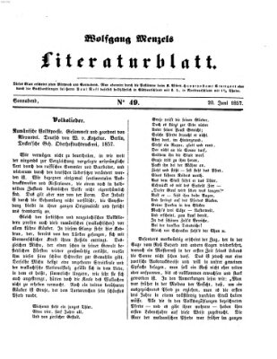 Literaturblatt (Morgenblatt für gebildete Stände) Samstag 20. Juni 1857