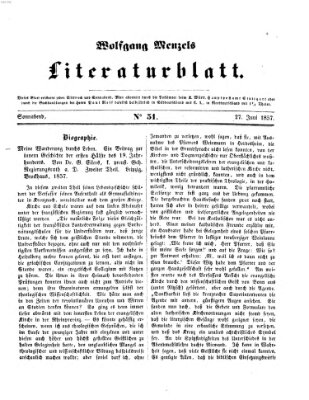 Literaturblatt (Morgenblatt für gebildete Stände) Samstag 27. Juni 1857