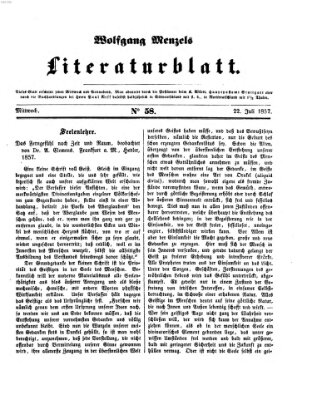 Literaturblatt (Morgenblatt für gebildete Stände) Mittwoch 22. Juli 1857