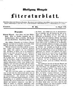 Literaturblatt (Morgenblatt für gebildete Stände) Samstag 14. August 1858