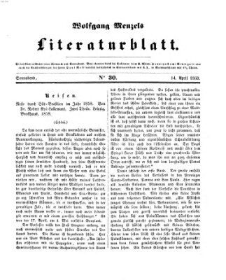 Literaturblatt (Morgenblatt für gebildete Stände) Samstag 14. April 1860