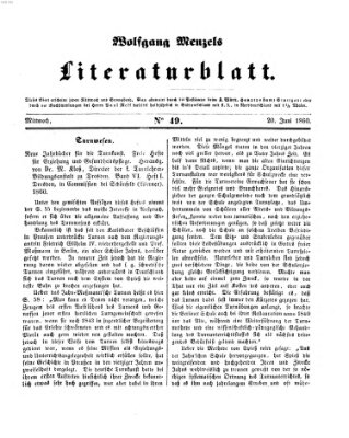 Literaturblatt (Morgenblatt für gebildete Stände) Mittwoch 20. Juni 1860