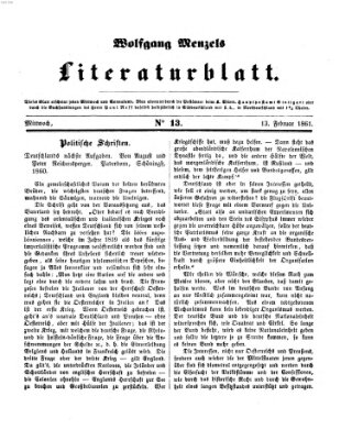 Literaturblatt (Morgenblatt für gebildete Stände) Mittwoch 13. Februar 1861