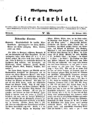 Literaturblatt (Morgenblatt für gebildete Stände) Mittwoch 20. Februar 1861